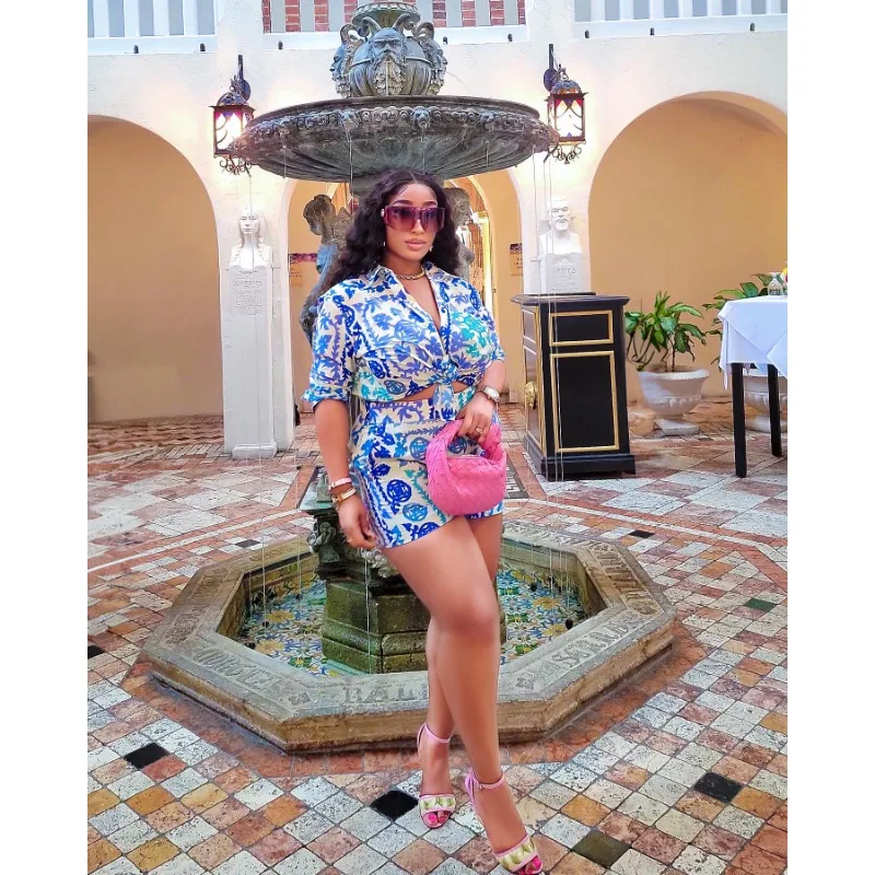 

Printed Casual Two Piece Set Women Turn Down Collar Long Sleeve Bandage Crop Top High Waist Pockets Shorts Hipster Streetwear