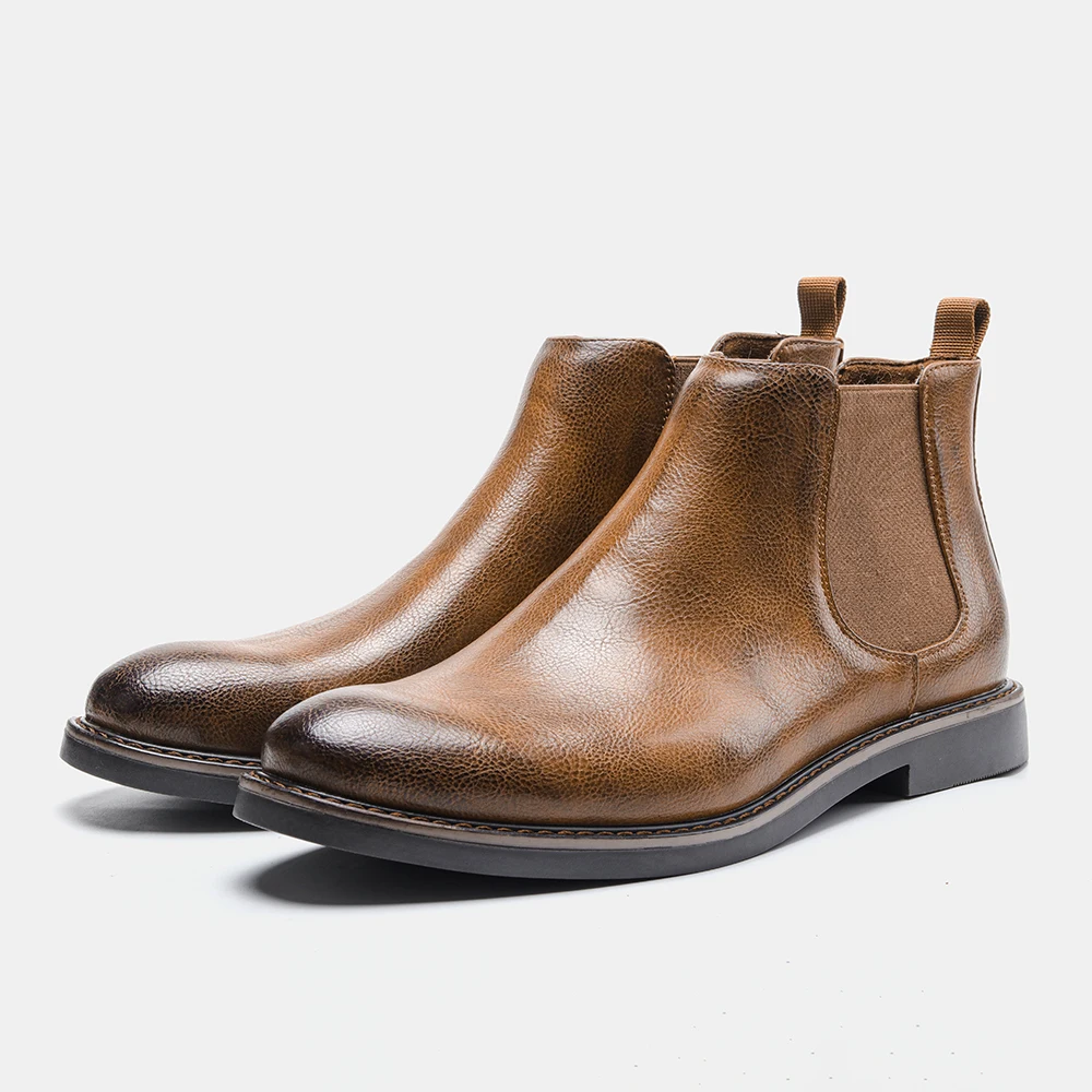 

2022 Men New Fashion Leather Slip-on Ankle Boots Pointed Toe Low Heel Shoes Male Casual Classic Retro Style Chelsea Boots
