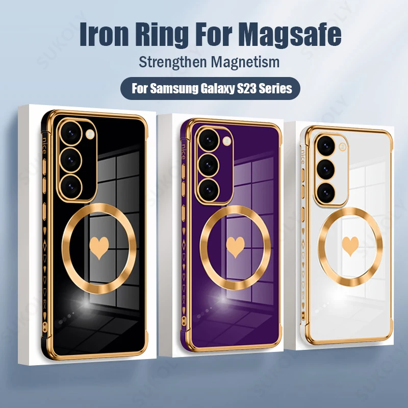 

For Magsafe Charging Magnetic Case For Samsung Galaxy S23 S22 Ultra S21 Plus S20 FE Plating Love Heart Side Pattern Phone Cover