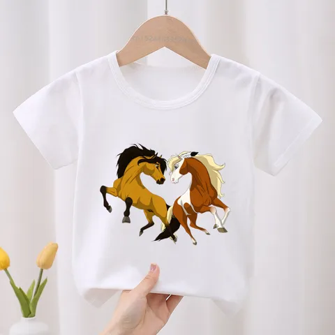Детская футболка Lucky & Mustang Spirit Horse с мультяшным принтом, детская одежда, летняя Милая одежда для маленьких девочек, футболки с коротким рукавом для мальчиков