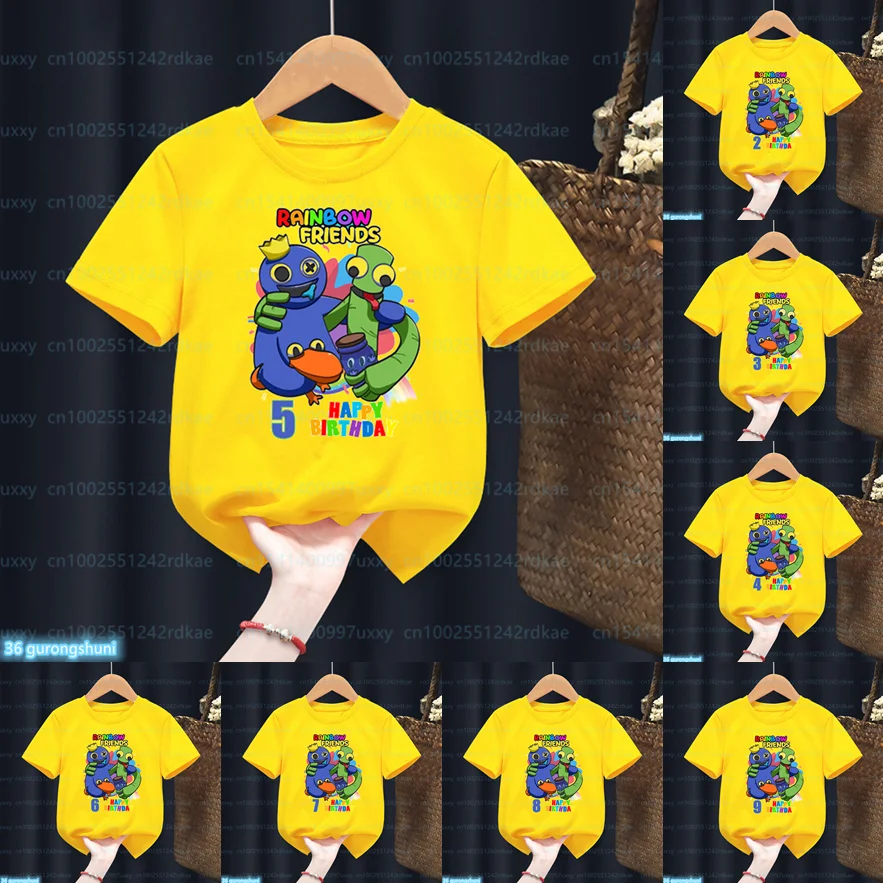 

New Funny Rainbow Friends T-Shirt Happy Birthday Number T Shirt Boys Girls Baby Gfit Kids Clothes Short Sleeve Yellow Tees Tops
