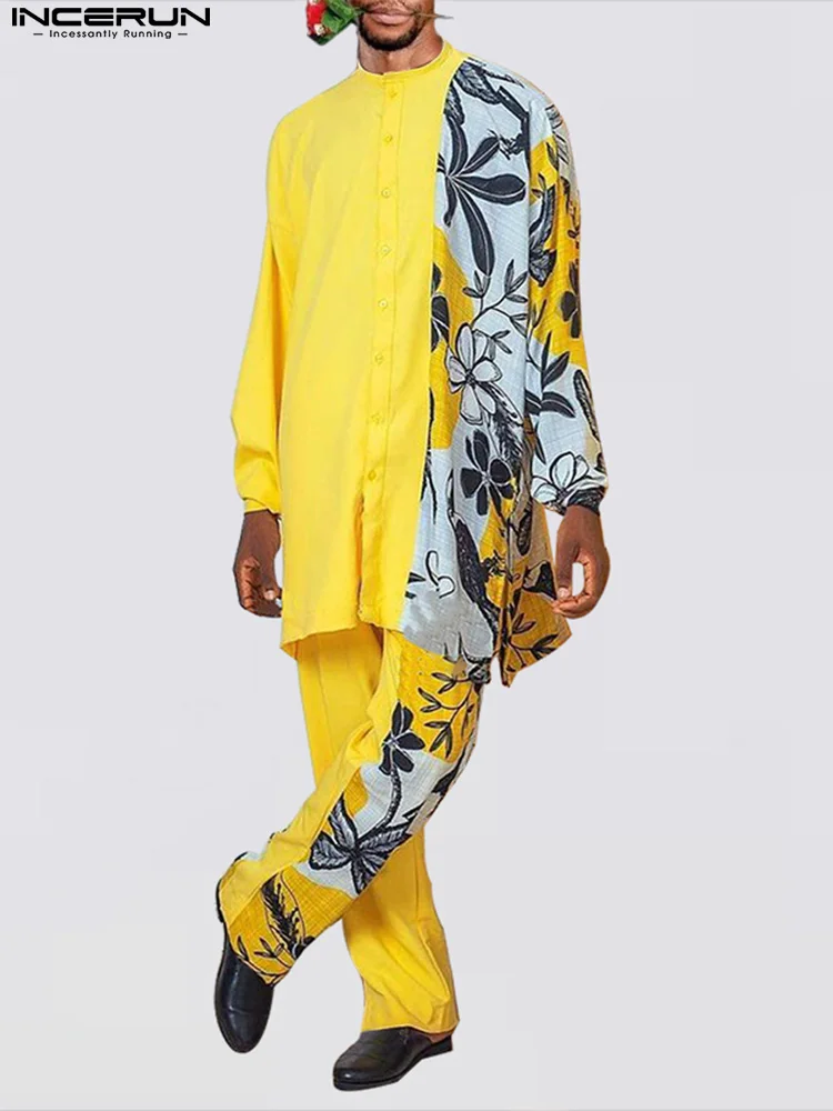 

INCERUN Men Sets Printing Muslim Clothing 2022 Lapel Long Sleeve Shirt & Pants Two Pieces Sets Islamic Arabic Men Casual Suits