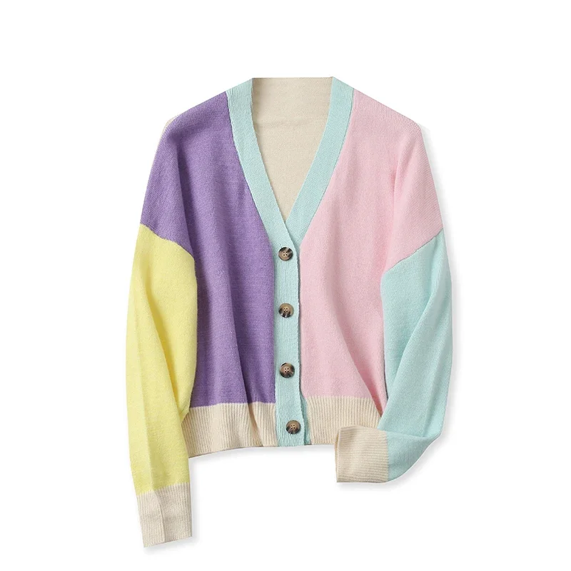 

Свитер в стиле пэчворк А2 цветов, модный однобортный Кардиган контрастных цветов с V-образным вырезом и длинными рукавами, 14899