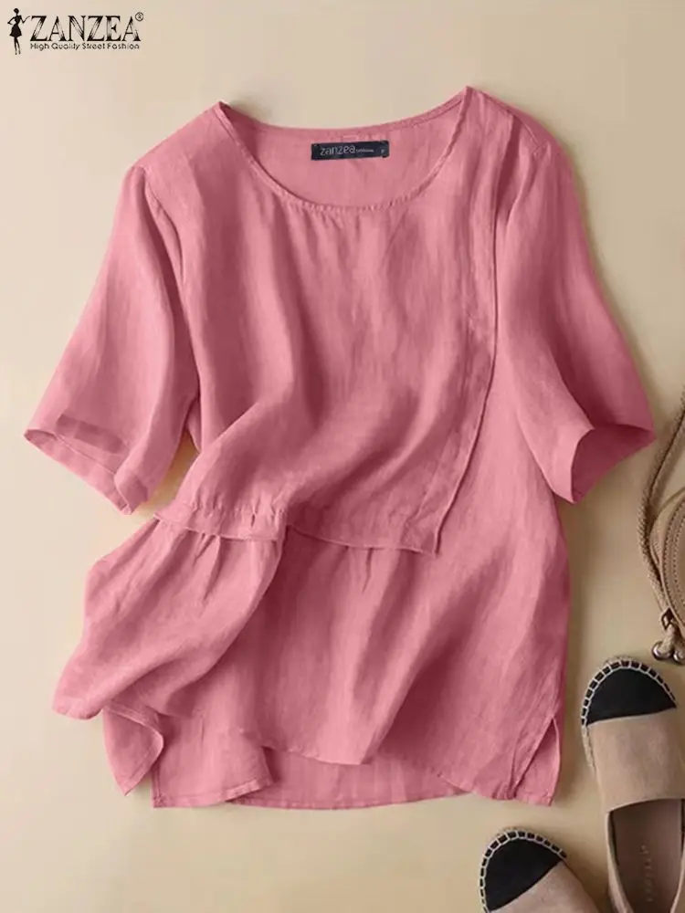 

ZANZEA Women Leisure Blouses Patchwork Short Sleeve Round Neck 2023 Summer Shirt Casual Slit Hem Everyday Solid Color Tunic Tops