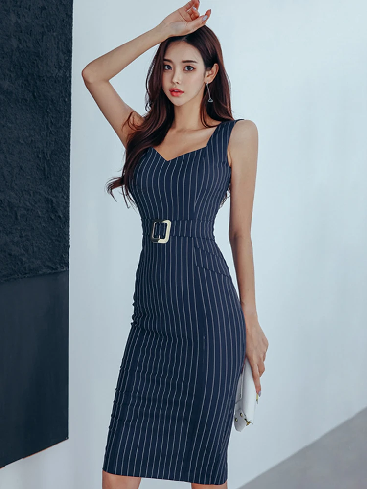 

Fashion Korean Elegant Women Dress Temperament Formal Sexy Tank Backless Slim Midi Pencil Party Club Commute Femme Mujer Vestido
