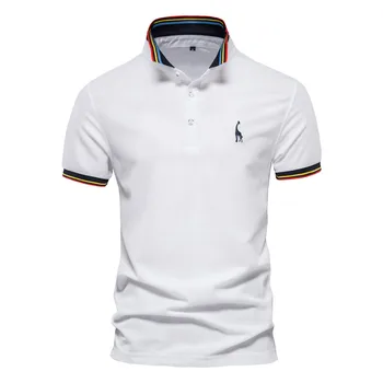 AIOPESON New Summer Polo Men Solid Giraffe Embroidery Short Sleeve Polo Shirts for Men Fashion Stand Collar Mens Shirts 1