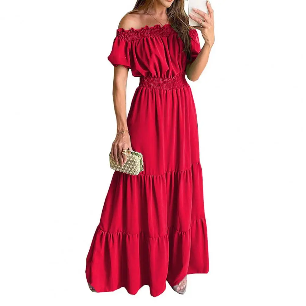 

Puff Short Sleeves Elastic Waist Beach Dress Women Stitching A-Line High-Waist Summer Off Shoulder Maxi Boho Dress Streetwear