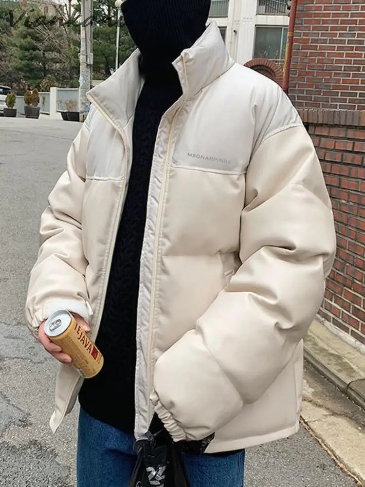 Leather Padded Jacket Men Thickened Winter 2022 New Hip Hop Warm Splicing Jackets Korean Trend Hip Hop Cool Streetwear Coats