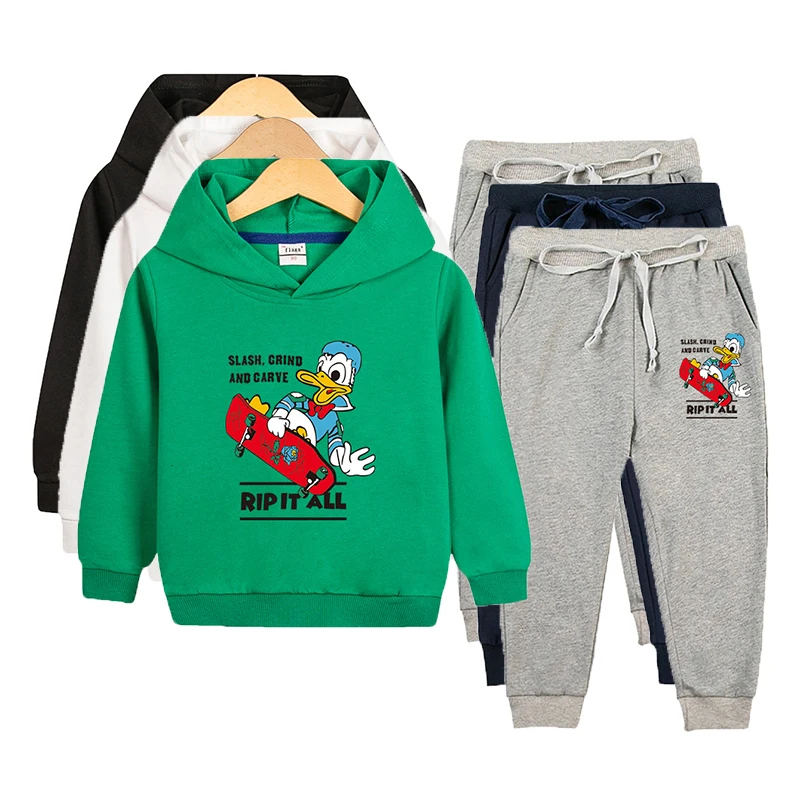 Boys Cartoon Hoodies Trousers Two Piece Disney Clothes Set Spring Autumn Kids Donald Duck Print Outfits 2-10Y Children Clothing
