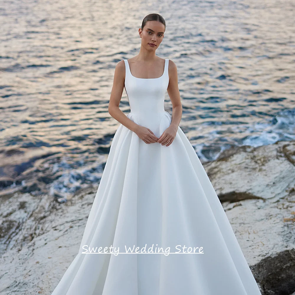 Фото Простое свадебное платье Vestidos De Novia 2026 на заказ, с квадратным вырезом, без рукавов, со шлейфом, на молнии сзади, из атласа, для невесты №3