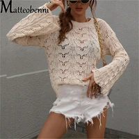 solid color hook flower hollow sexy knitted sweater female loose long sleeve bottoming sweater pullover women 2022 spring autumn