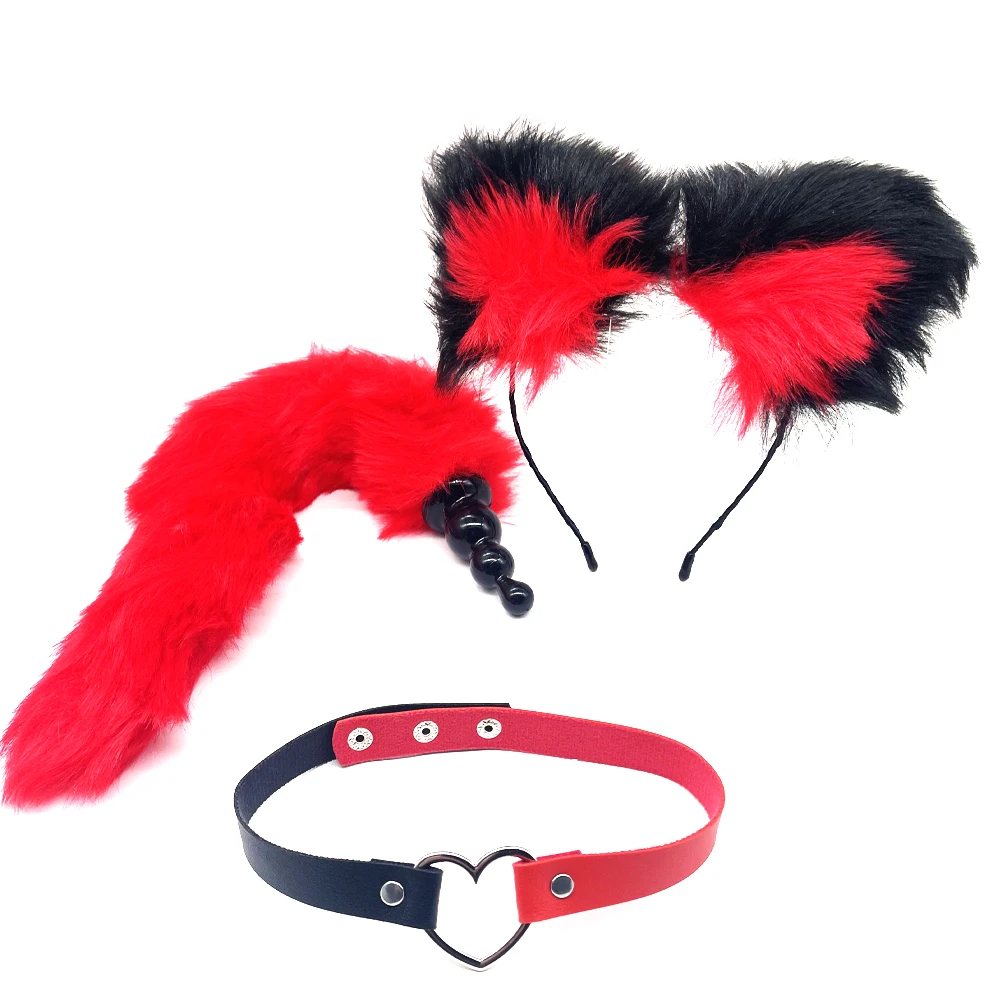 Косплей лисий хвост Анальная пробка искусственная кожа металлический ошейник