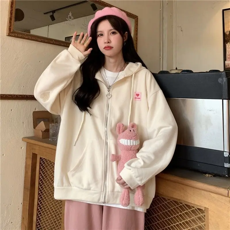 

New Embroidered Hooded Korean Sweatshirt Women Cardigan Autumn Coat Female Zipper Apricot Hoodies Streetwear y2k hoodies women