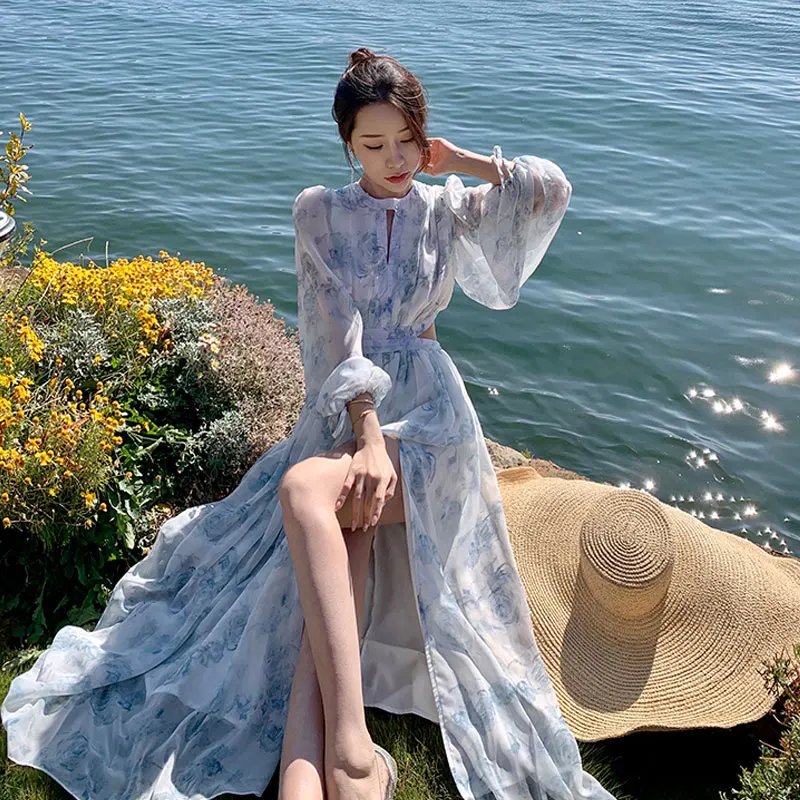 

Korea Floral Printed Holiday Dress Retro Sexy O Neck Hight Split Long Sleeve Party A Line French Chiffon Long Dress Vestido 2023