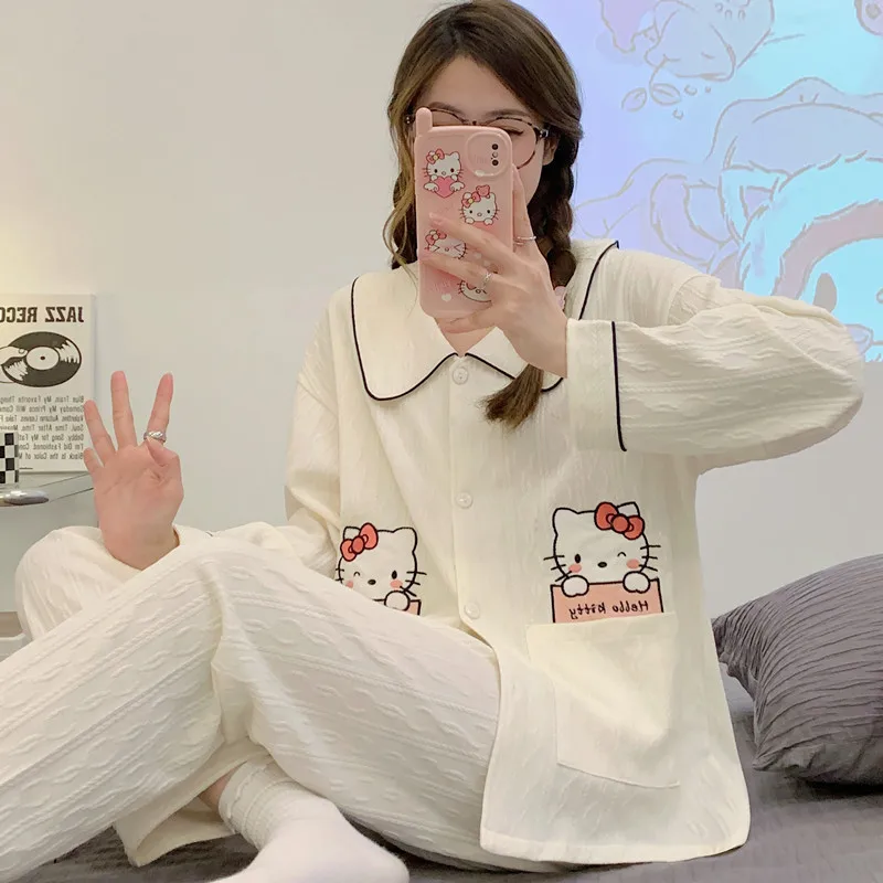 

Новинка 2023, Женский трикотажный кардиган Kawaii Sanrio, Hello Kitty, свободный облегающий домашний вязаный хлопковый кардиган для весны и осени