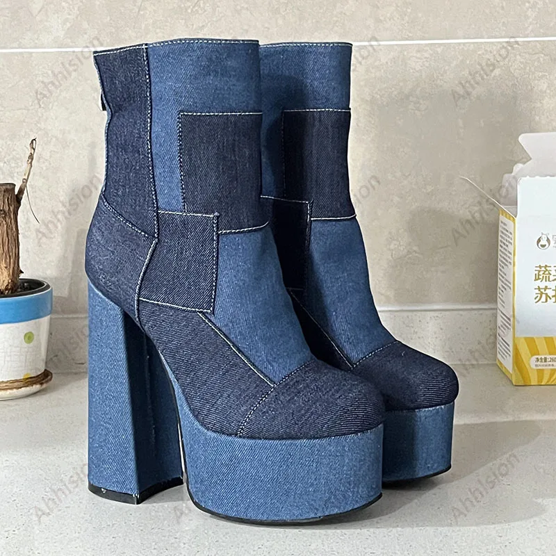 Женские джинсовые ботильоны Ahhlsion синие повседневные ботинки на расширяющемся