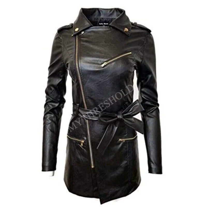 New Women Zip-up Long Jacket Belt Real Leather Trench Coats Leather Jacket