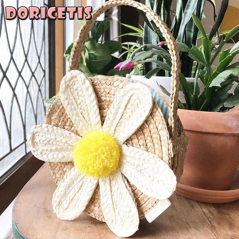 

Children Bag Cute Daisy Pattern Handmade Straw Weave Handbag Baby Spring Travel Activity New Style Portable Snack Storage Bag
