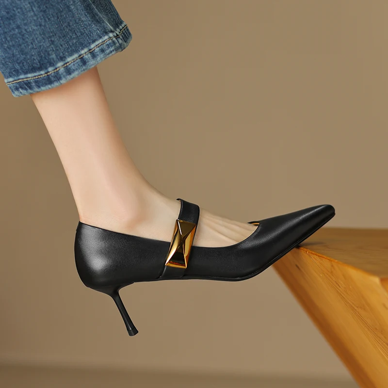 Cow Leather Pumps Women Comfy Soft Shoes Office Lady Spring Autumn Solid Pointed Toe Square Buckle 6cm Thin Kitten Heels