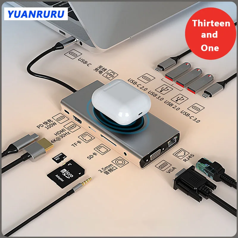 

Wireless Charging Dock USB HUB Type C Splitter To HDMI 4K Thunderbolt 3 Station Laptop Adapter With PD for MacBook Air M1 M2