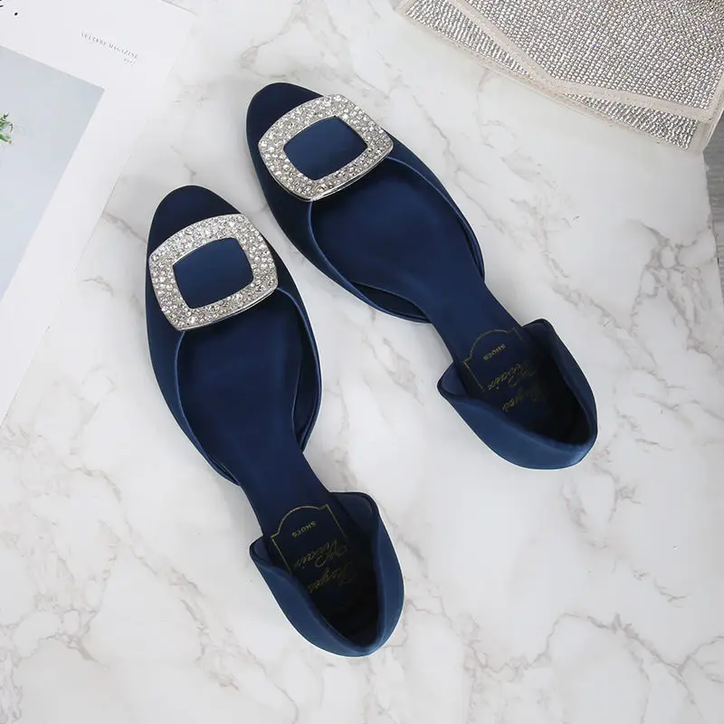 Designer Flat Shoes Women Loafers Satin Rhinestone Square Buckle Party Dress Shoes Sexy Wedding Shoes 2023 New Zapatos De Mujer