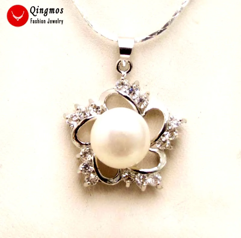 

Qingmos 20mm Natural Pearl Pendant for Women with 10-11mm Flat Round White Pearl Necklace 17" Silver Plated Chain Chokers