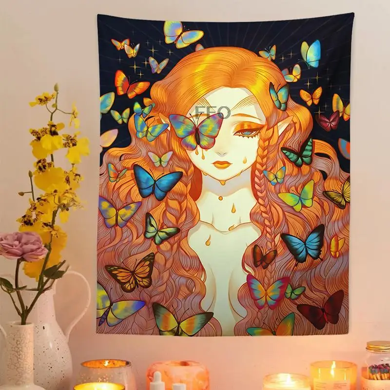 

FFO Butterfly Girl Tapestry Wall Hanging Spring Tarot Tapestry Bohemian Decor Tapestries Art Aesthetics Room Decoration Bedroom