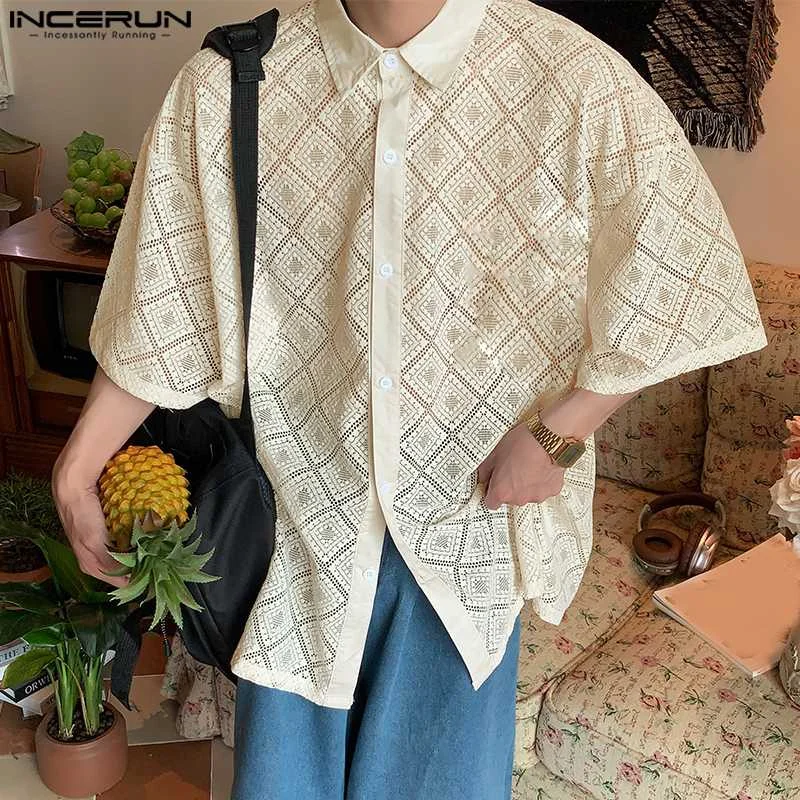 

INCERUN Tops 2023 Korean Style Handsome New Men Vintage Hollowed Mesh Blouse Casual Well Fitting Male Short Sleeved Shirts S-5XL