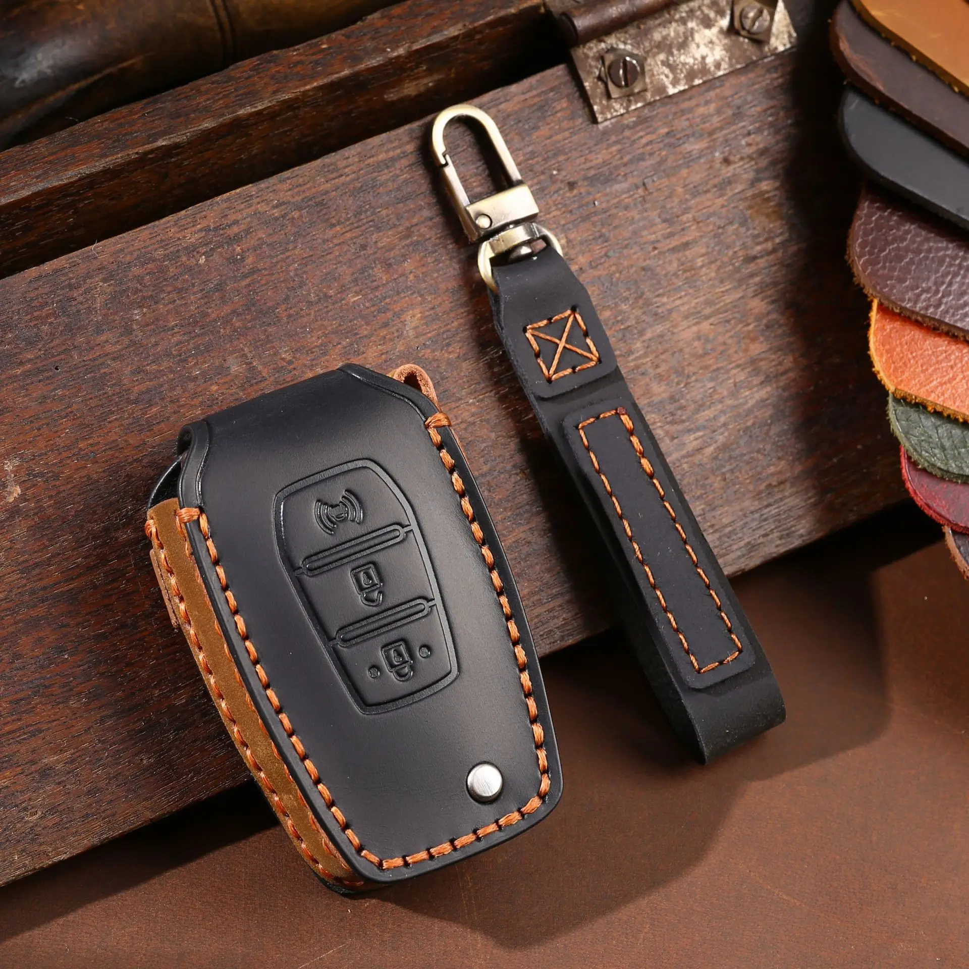 

Top Layer Leather Car Key Case Cover Shell For Ssang Yong 2018 Rexton SsangYong Car Remote Key Handmade Accessories