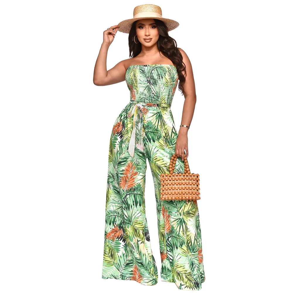 Women'S Colorful Printed Chest Wrap Waist Leisure Holiday Style Jumpsuit &Trendy Ladies Loose FIt Strapless Pants Vacation Wear
