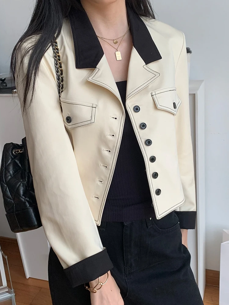 

Autumn/Winter New Collision Colour Collar Retro Women Jacket Korean Style Splicing Suit High Quality Casual Fashion Basic Tops