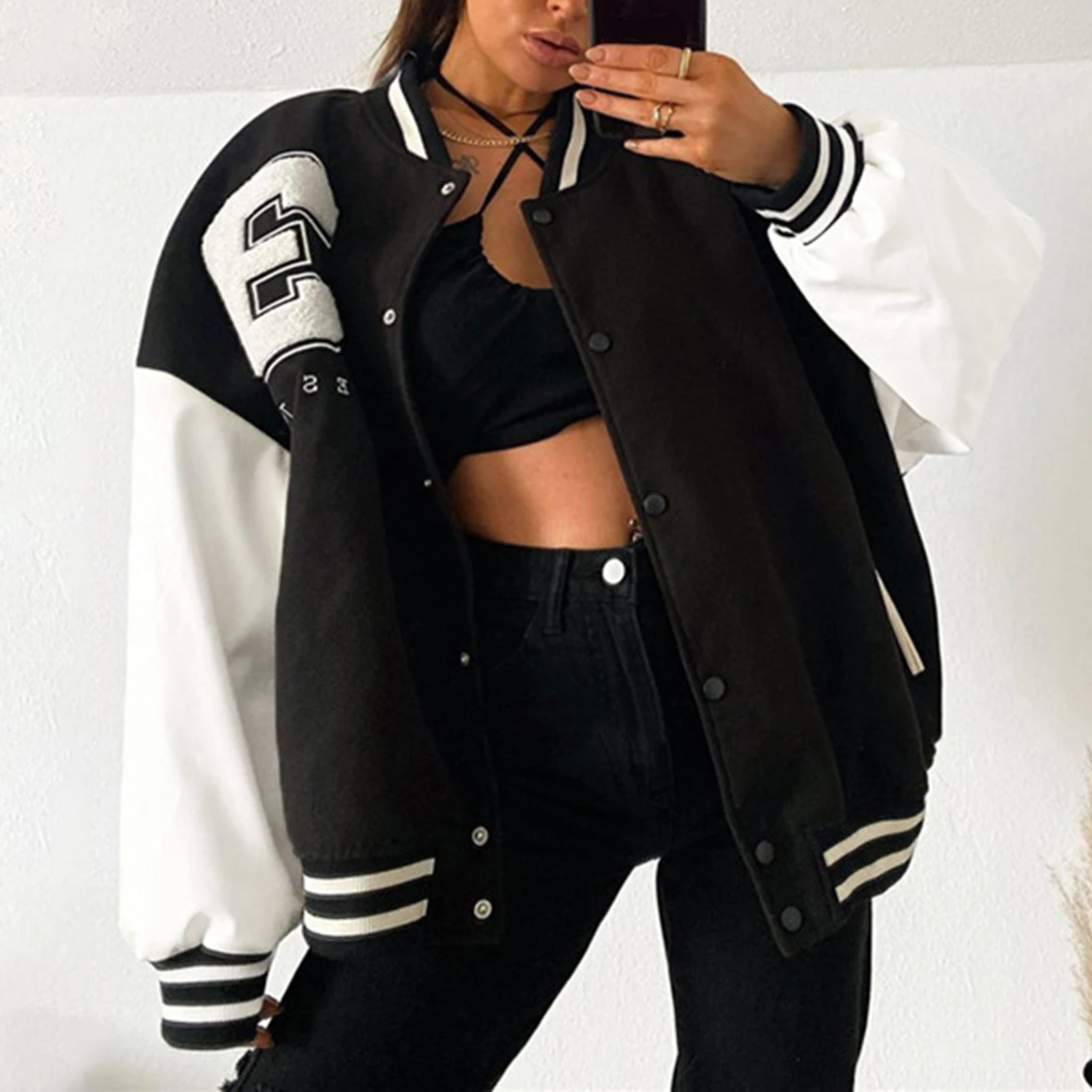 

Women Long Sleeve Jacket Loose Fit Casual Sweatshirt Coat Single Breasted Varsity Jackets Color Contrast Pockets Streetwear Suit