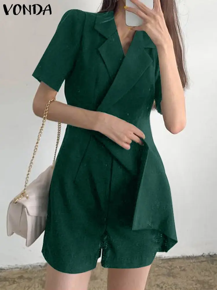 VONDA Women Short Sleeve Jumpsuits 2023 Summer Rompers Lapel Casual Solid Color Playsuit Loose Elegant Streetwear Wide Leg Pants