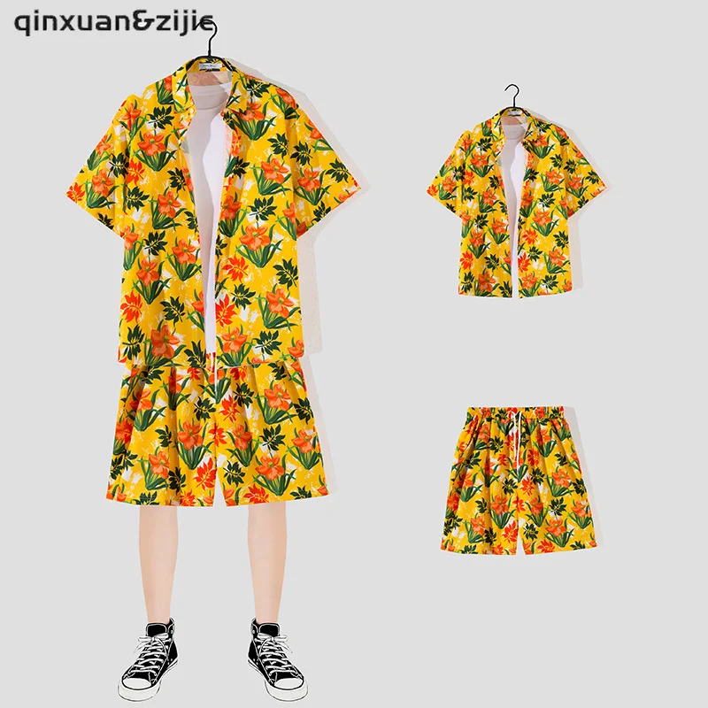 

2022 Summer Men Hawaiian Sets Printing Short Sleeve Button Shirt Beach Shorts Set Streetwear Casual Holiday Men's 2 Piece Suit