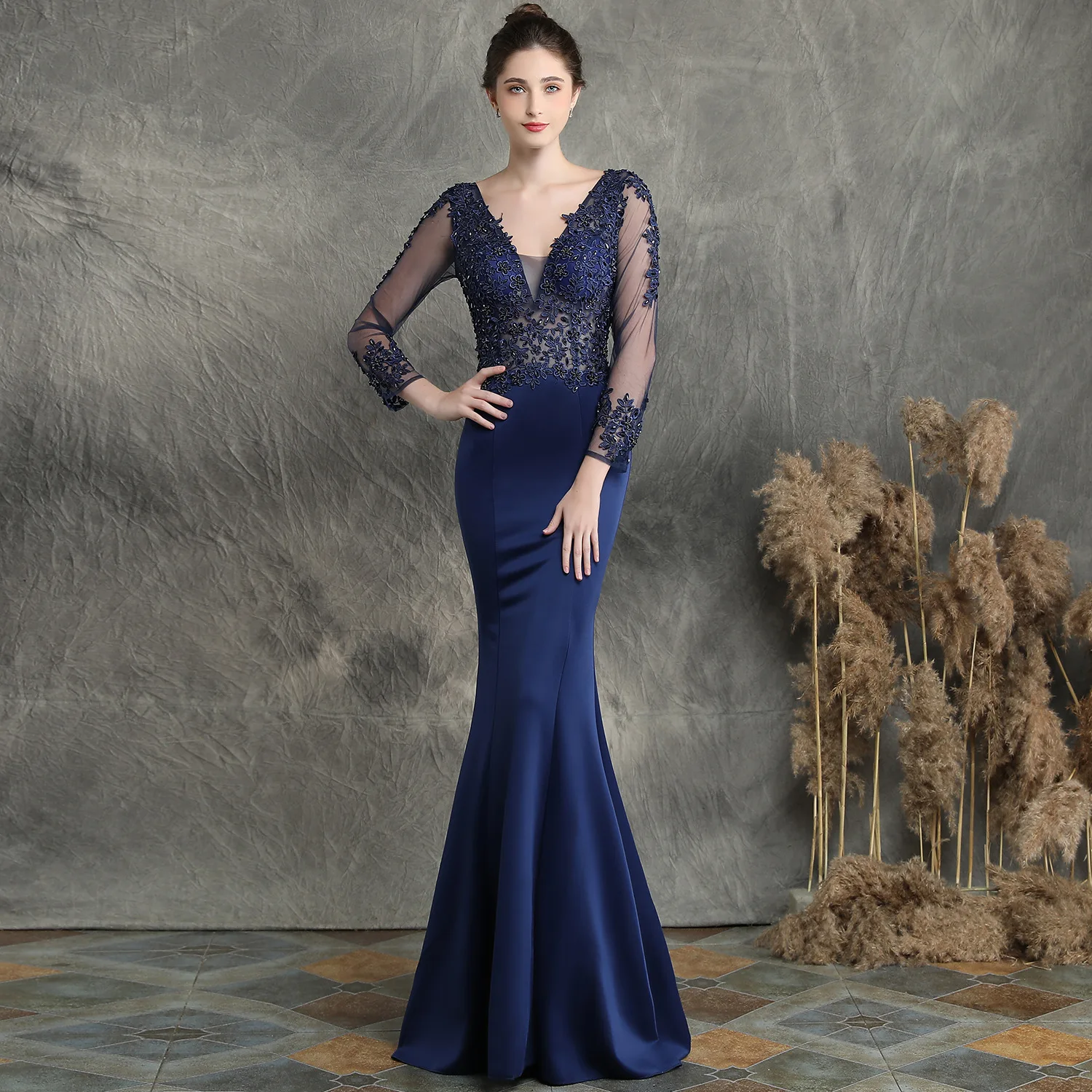 

Navy Blue Mermaid Prom Dresses Illusion Long Sleeve Lace Stain Evening Gowns vestidos de noche largos elegantes baratos