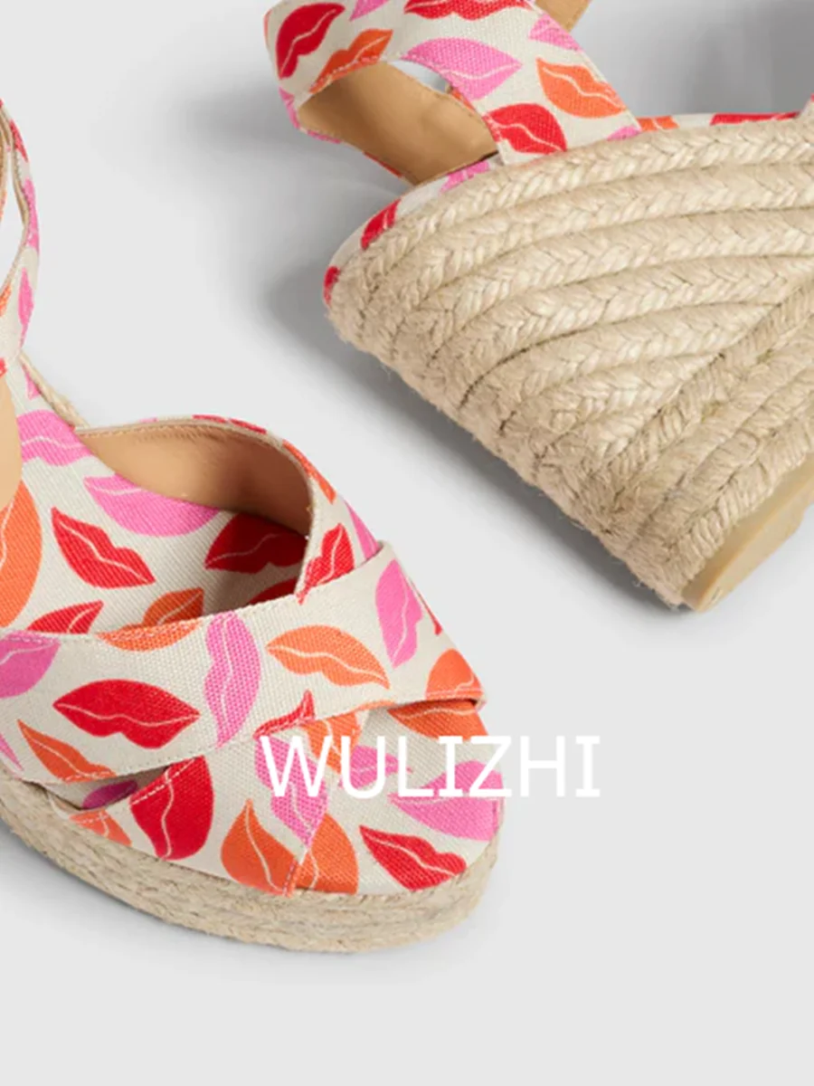 Red Ribbon Wrap Wedge Espadarille Sandals Woman Lipstick Graffiti Print Design Cover Straw Gladiator Elegant Beach Casual Shoes