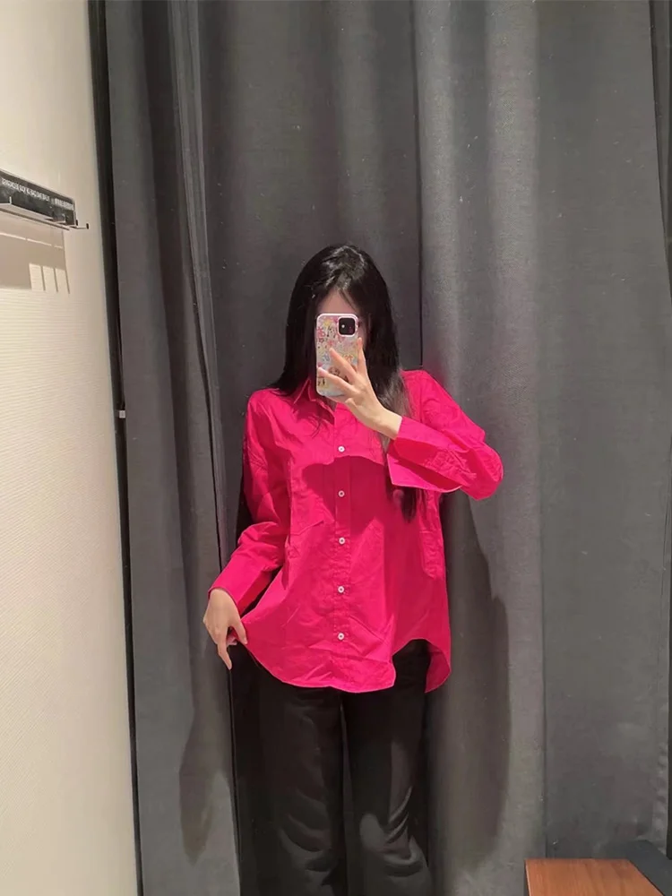 

ZAA Summer 2022 New Ladies Fashion Retro Casual Lapel Single Breasted Pocket Trim Front Short Back Long Loose Long-sleeve Shirt