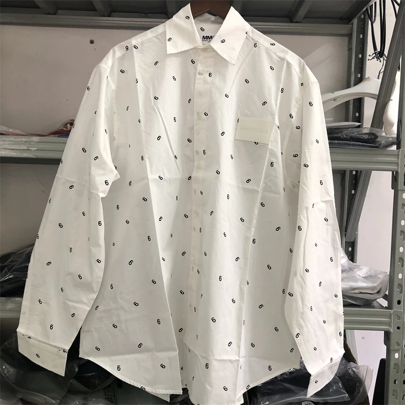 

New Full Print 6 Logo MM6 Margiela Long Sleeve Shirts Men Women 1:1 High Quality Oversize White V-Shape Shirt Blouse gym
