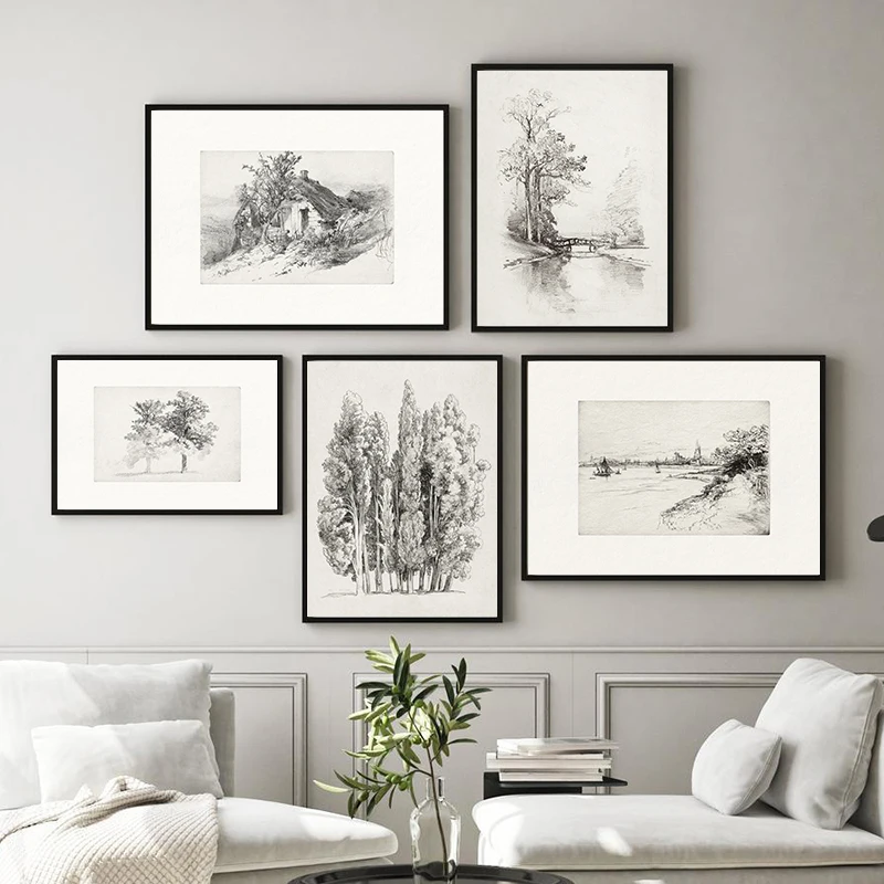 

Neutral Gallery Wall Art Canvas Painting Farmhouse Plants Vintage Sketch Prints Rural Landscape Posters Wall Pictures Home Decor