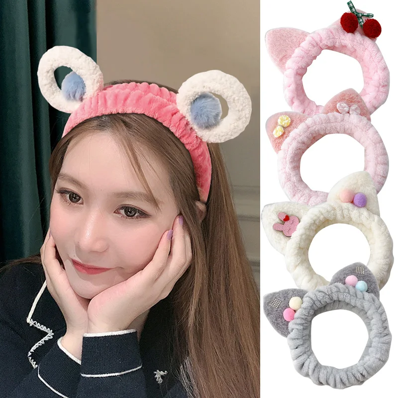

Повязка на голову из мягкого кораллового флиса с бантом для женщин и девушек, плюшевые повязки для волос с кошачьими ушками, головной убор, г...