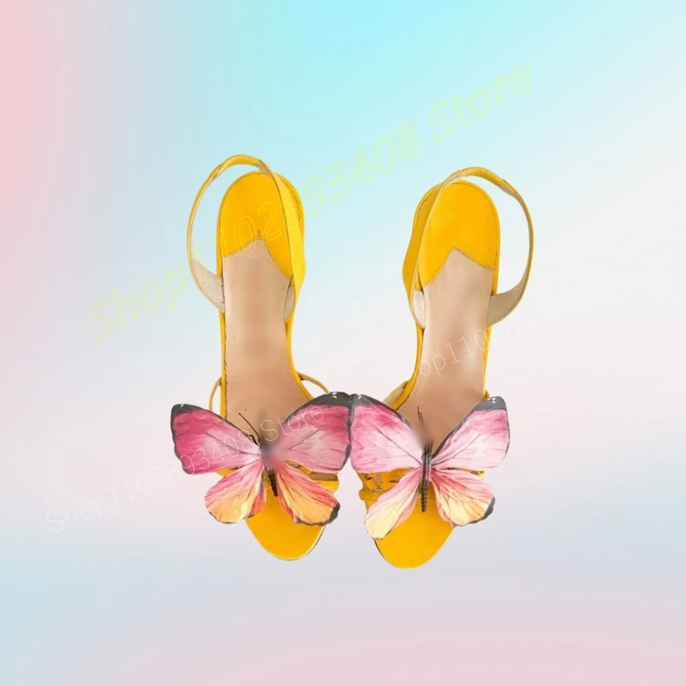 Женские босоножки на шпильке желтые сандалии с принтом бабочек высоком