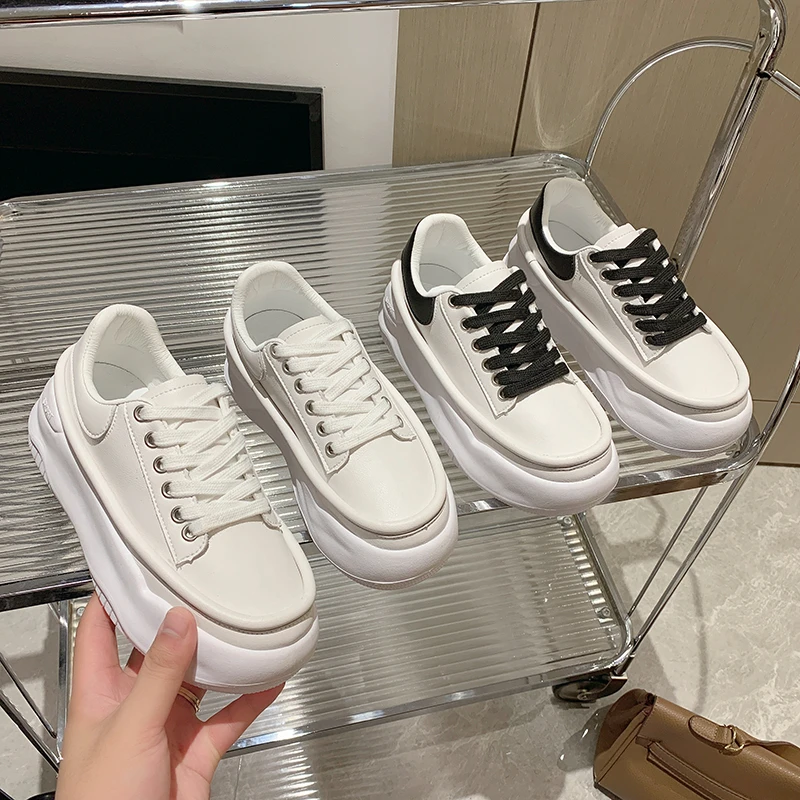 

Top Layer Cowhide Lace-up Thick-soled Thick-soled Bread Shoes Small White Shoes Low-top Shoes Ugly Cute Leather Women's Shoes