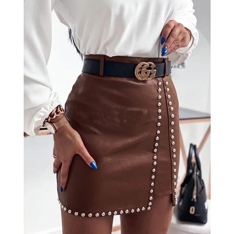 

Women High Waist PU Leather Slim Fit Skirts Elegant Harajuku Mini Pencil Skirts New Lady All-Match Bodycon Black Brown Clothes
