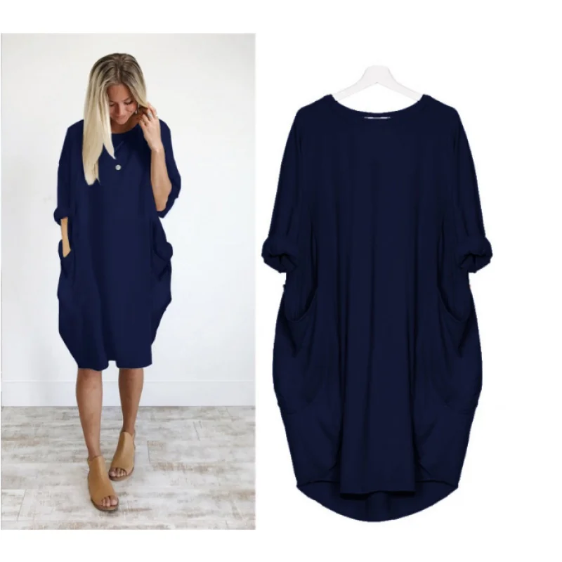 

European and American Style Summer New Solid Color Loose Long Sleeves Dresswomen dress dresses ladies