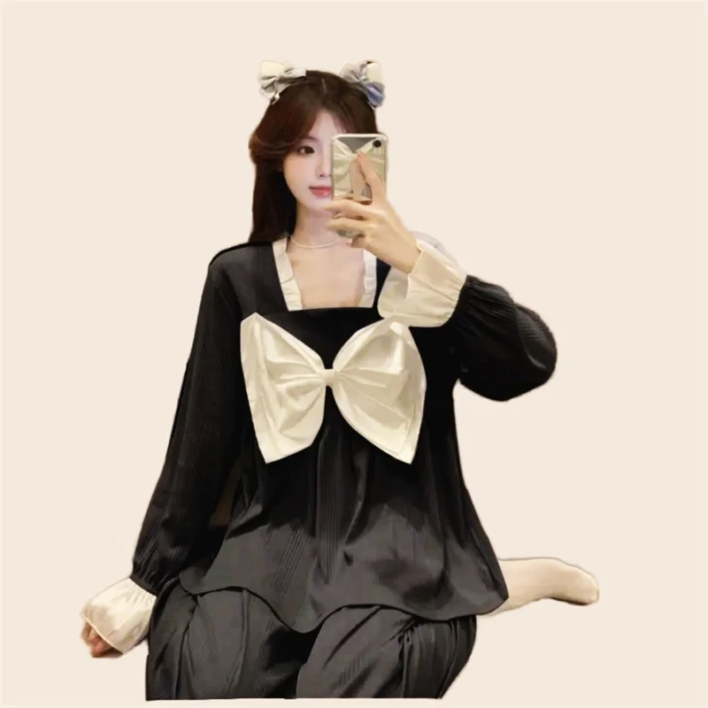 Sexy Bow Pajamas Set Full Sleeve T-shirt Long Pants 2Piece/Set Soft Princess Pyjama Big Size Homewear Cozy Fashion Sleepwear