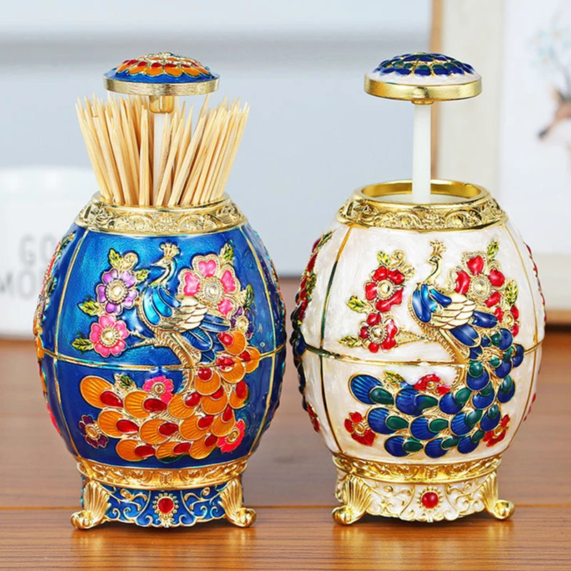 

European Style Automatic Toothpick Box Alloy Peacock Engraved Holder Toothpick Organization Dispenser Home Desktop Decoration