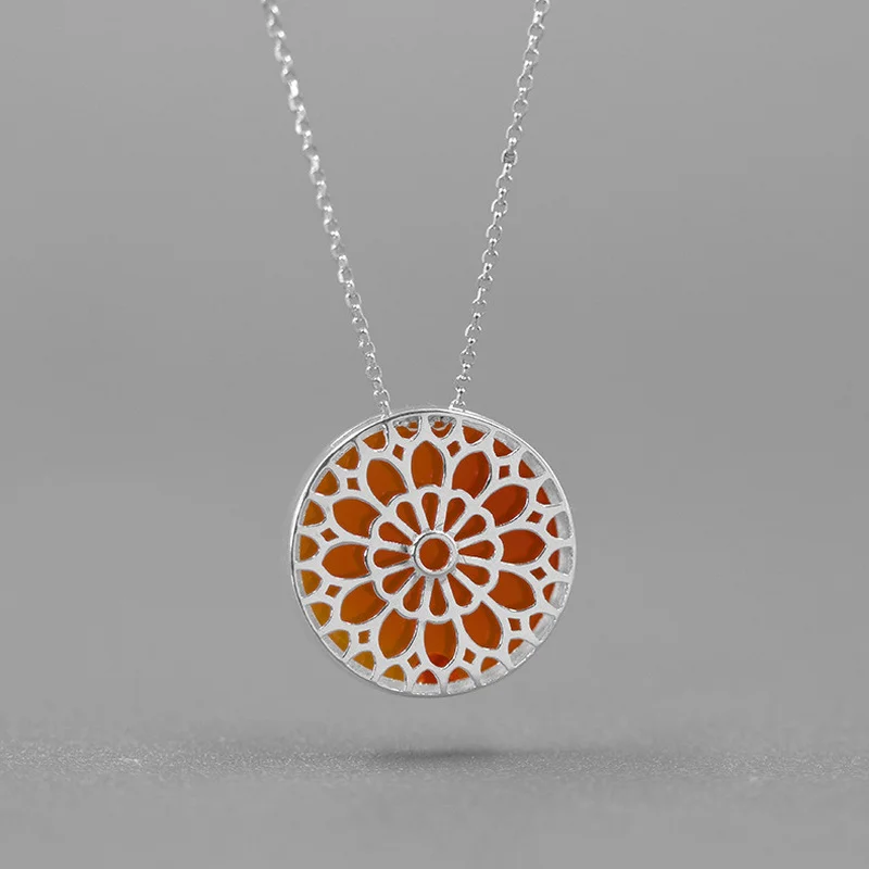 

INATURE 925 Sterling Silver Natural Agate Stone Rose Window Round Pendant Necklace Religious Jewelry