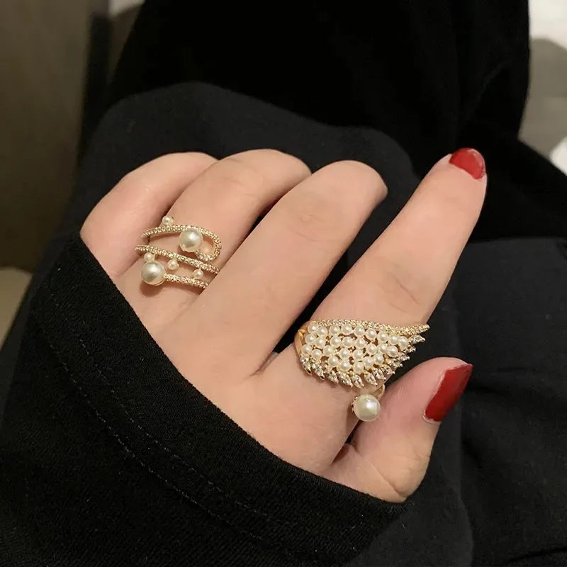 

Gold Color Wings Open Ring Stack Ring Fingers Metal Pearl Fashion Adjustable Women Party Accessories Luxury Retro Jewelry Gift