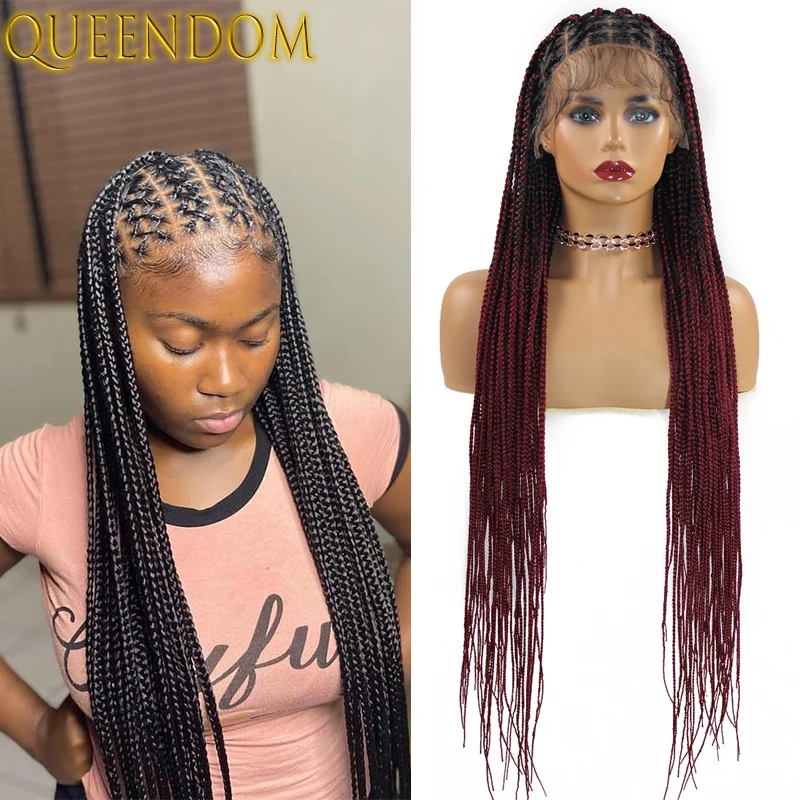 36''long Full Lace Braided Wig Ombre Brown Box Braid Lace Frontal Wigs for Black Women Criss cross Synthetic Lace Front Wig Bug