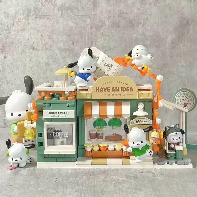 

New Cartoon Around Sanrio Pochacco Street View Animation Popom Purin Decorative Splicing Model Placements Children's Toy Gifts
